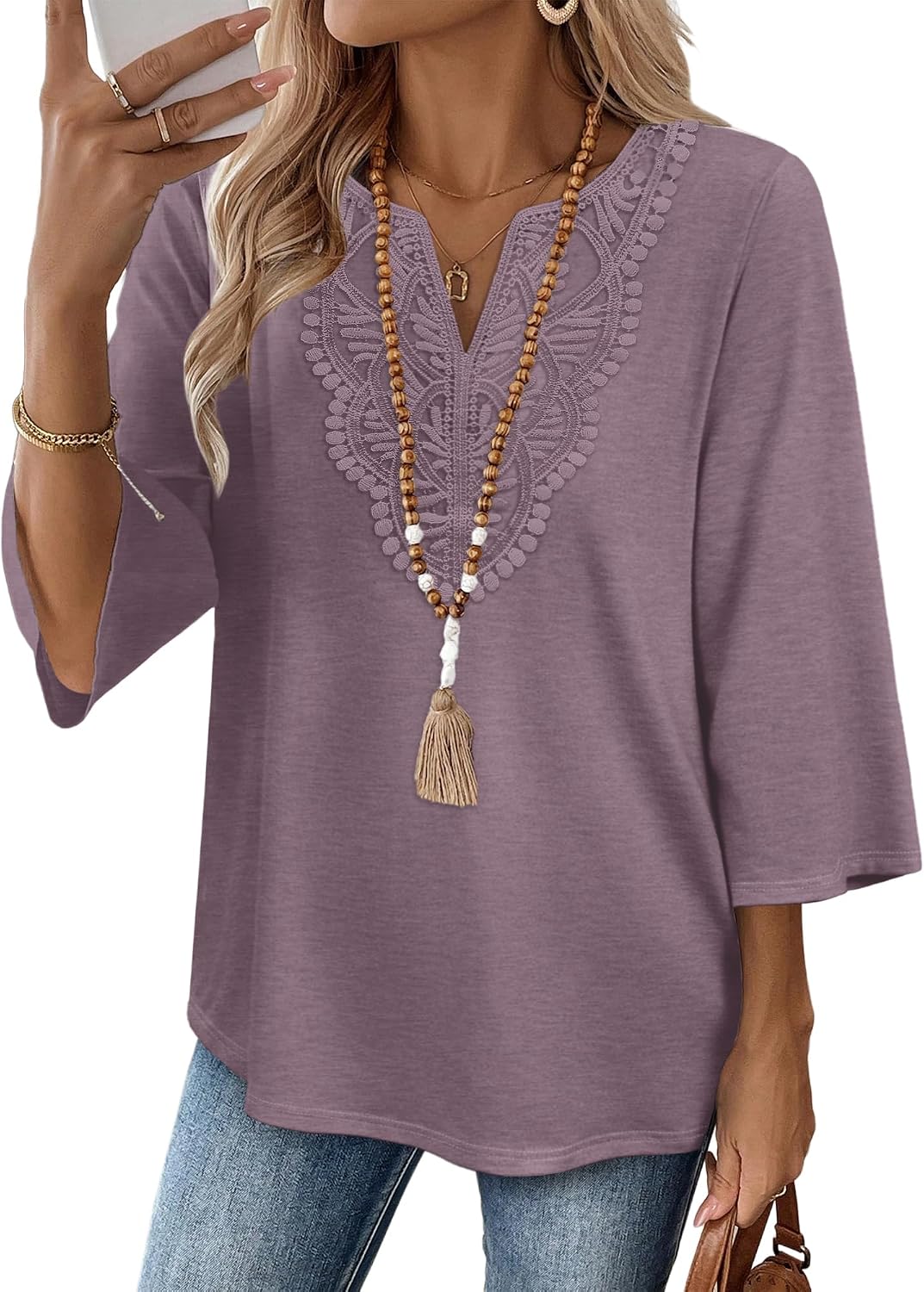 WIHOLL 3/4 Length Sleeve Womens Tops Boho V Neck Lace Shirt Trendy Blouses Dressy Casual Vacation Clothes S-3XL