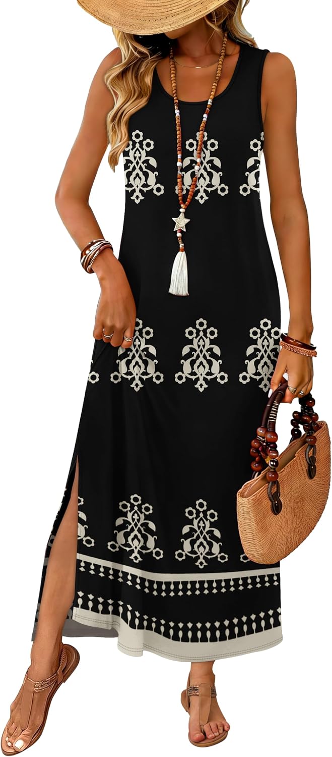 WIHOLL Maxi Dress Summer Dresses 2026 Beach Vacation Clothes Sleeveless Sundresses with Pockets Boho S-3XL