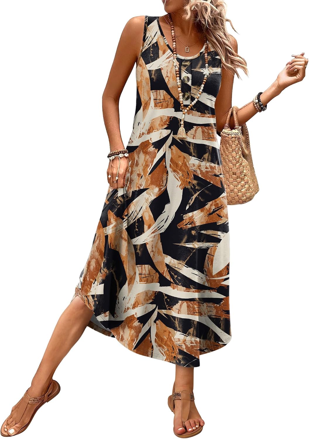 WIHOLL Summer Dresses for Women 2026 Button Front Sleeveless Casual Midi Dress Beach Vacation Sundresses with Pockets