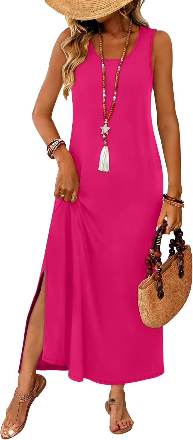 WIHOLL Maxi Dress Summer Dresses 2026 Beach Vacation Clothes Sleeveless Sundresses with Pockets Boho S-3XL