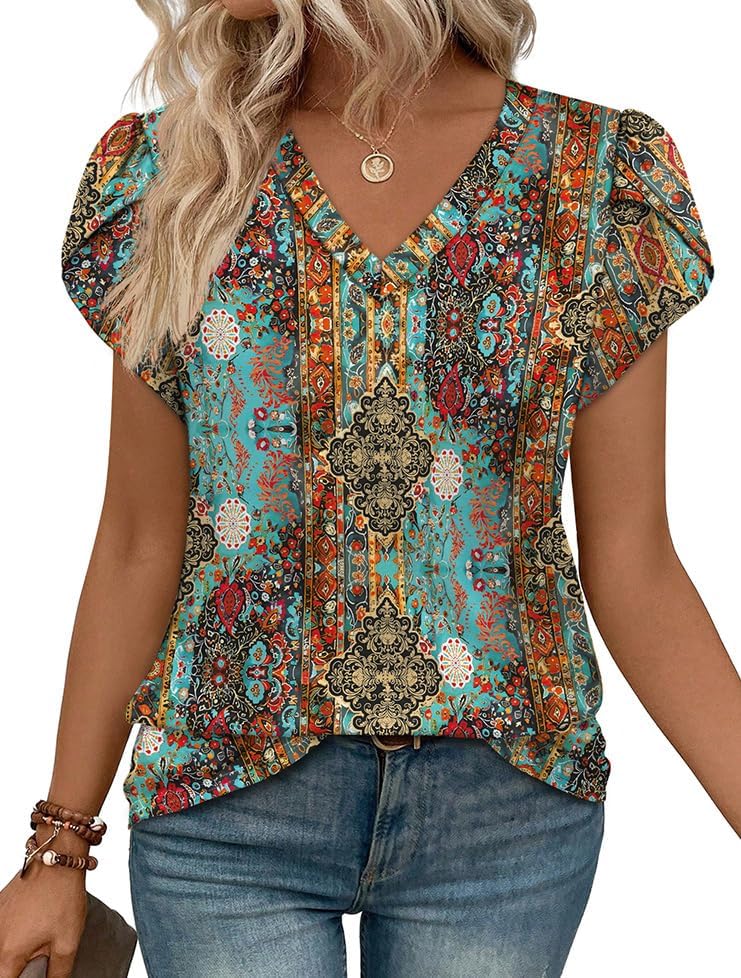 WIHOLL Womens Tops Dressy Casual Petal Sleeve Summer Spring Short Sleeve V Neck Shirts Work Business Vacation Clothes 2026