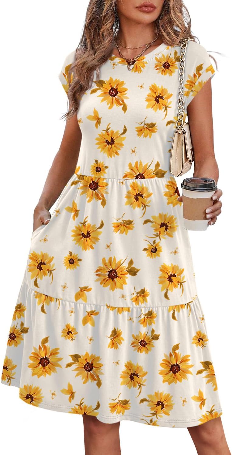 WIHOLL Summer Dresses for Women 2026 Cap Sleeve Casual Sundresses Floral Tiered Swing Fashion Beach Vacation Dress