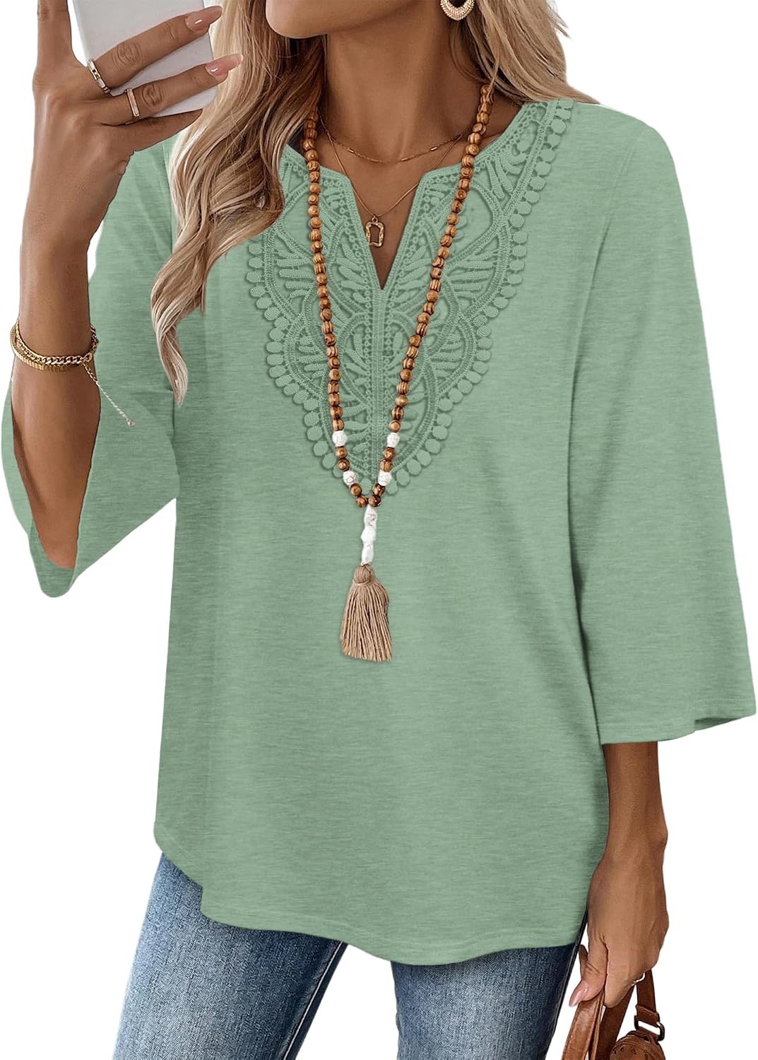 WIHOLL 3/4 Length Sleeve Womens Tops Boho V Neck Lace Shirt Trendy Blouses Dressy Casual Vacation Clothes S-3XL