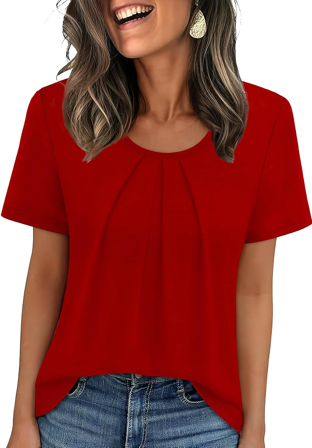 WIHOLL Women T Shirts Pleated Short Sleeve Tops Business Casual Blouses | Loose Fit, Dressy Casual, Trendy 2026, Flowy, Boho