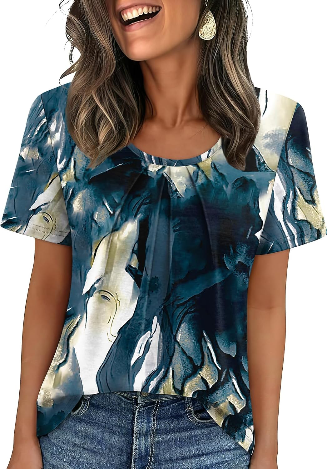 WIHOLL Women T Shirts Pleated Short Sleeve Tops Business Casual Blouses | Loose Fit, Dressy Casual, Trendy 2026, Flowy, Boho