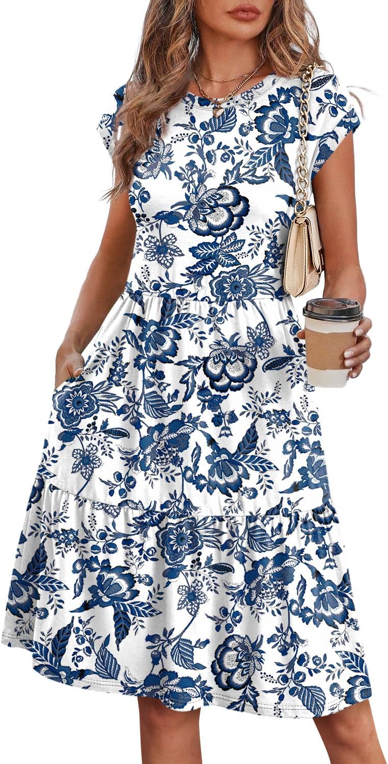 WIHOLL Summer Dresses for Women 2026 Cap Sleeve Casual Sundresses Floral Tiered Swing Fashion Beach Vacation Dress