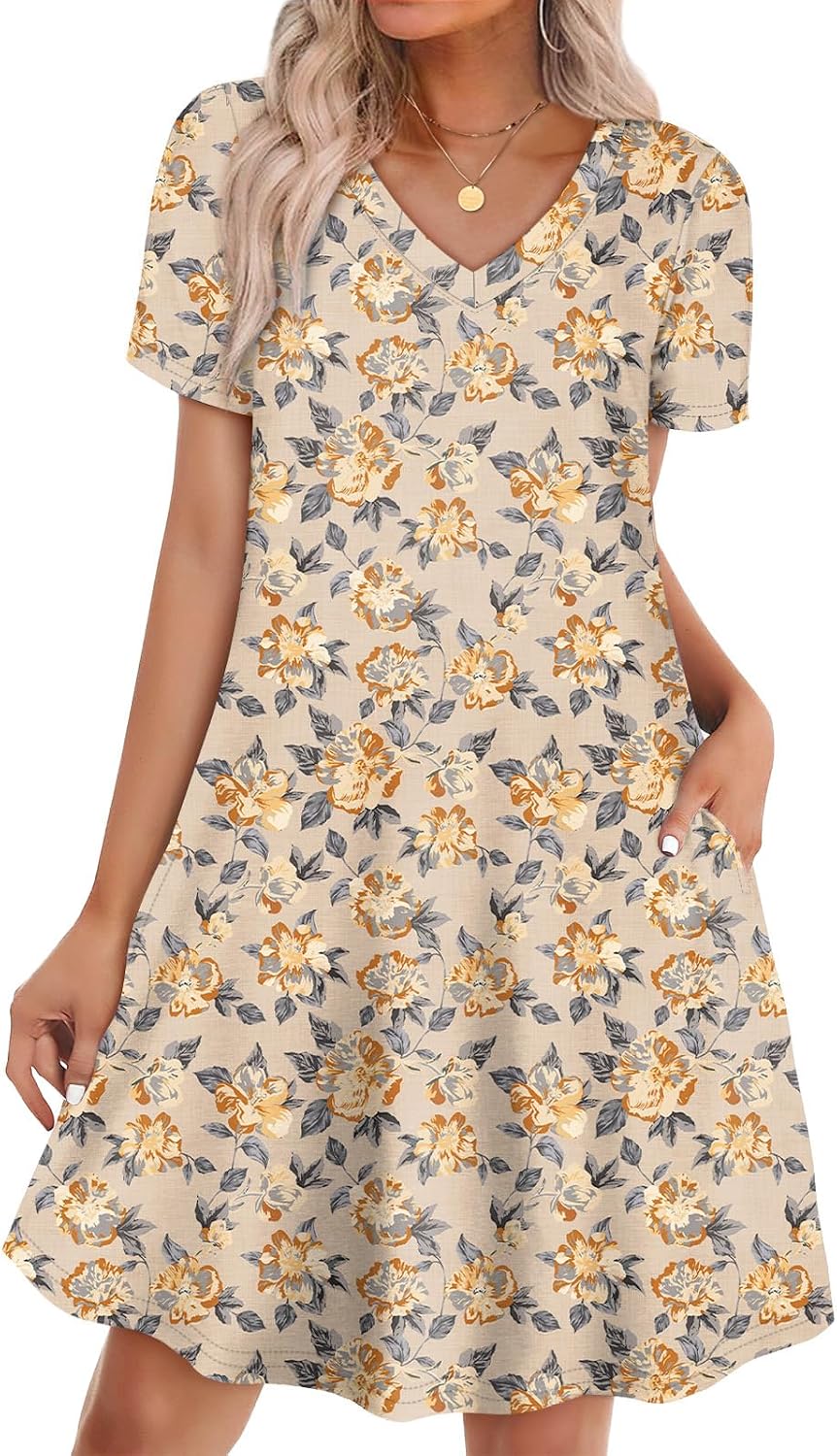 WIHOLL Boho Summer Dresses for Women Casual Loose T Shirt Dress with Pockets Beach Vacation Outfits S-4XL