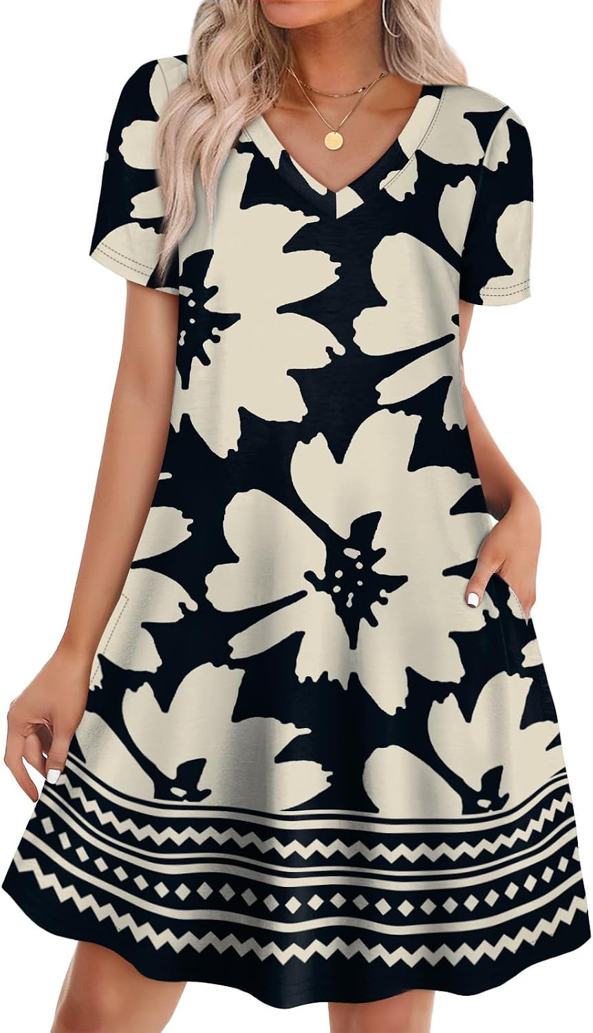 WIHOLL Boho Summer Dresses for Women Casual Loose T Shirt Dress with Pockets Beach Vacation Outfits S-4XL