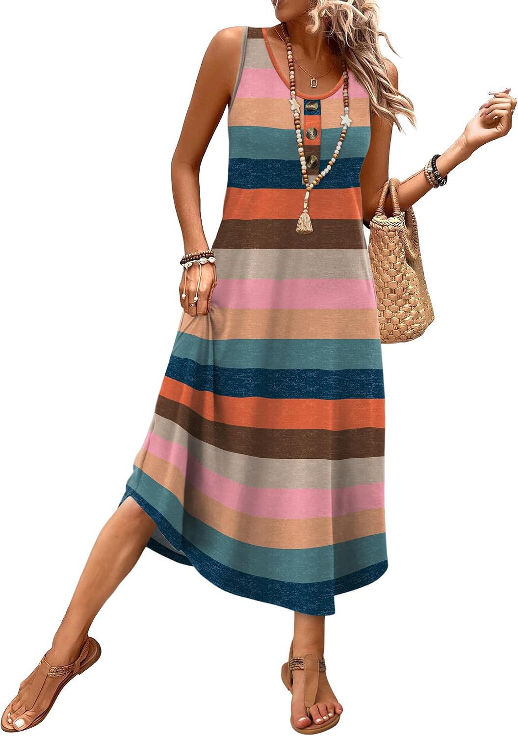WIHOLL Summer Dresses for Women 2026 Button Front Sleeveless Casual Midi Dress Beach Vacation Sundresses with Pockets