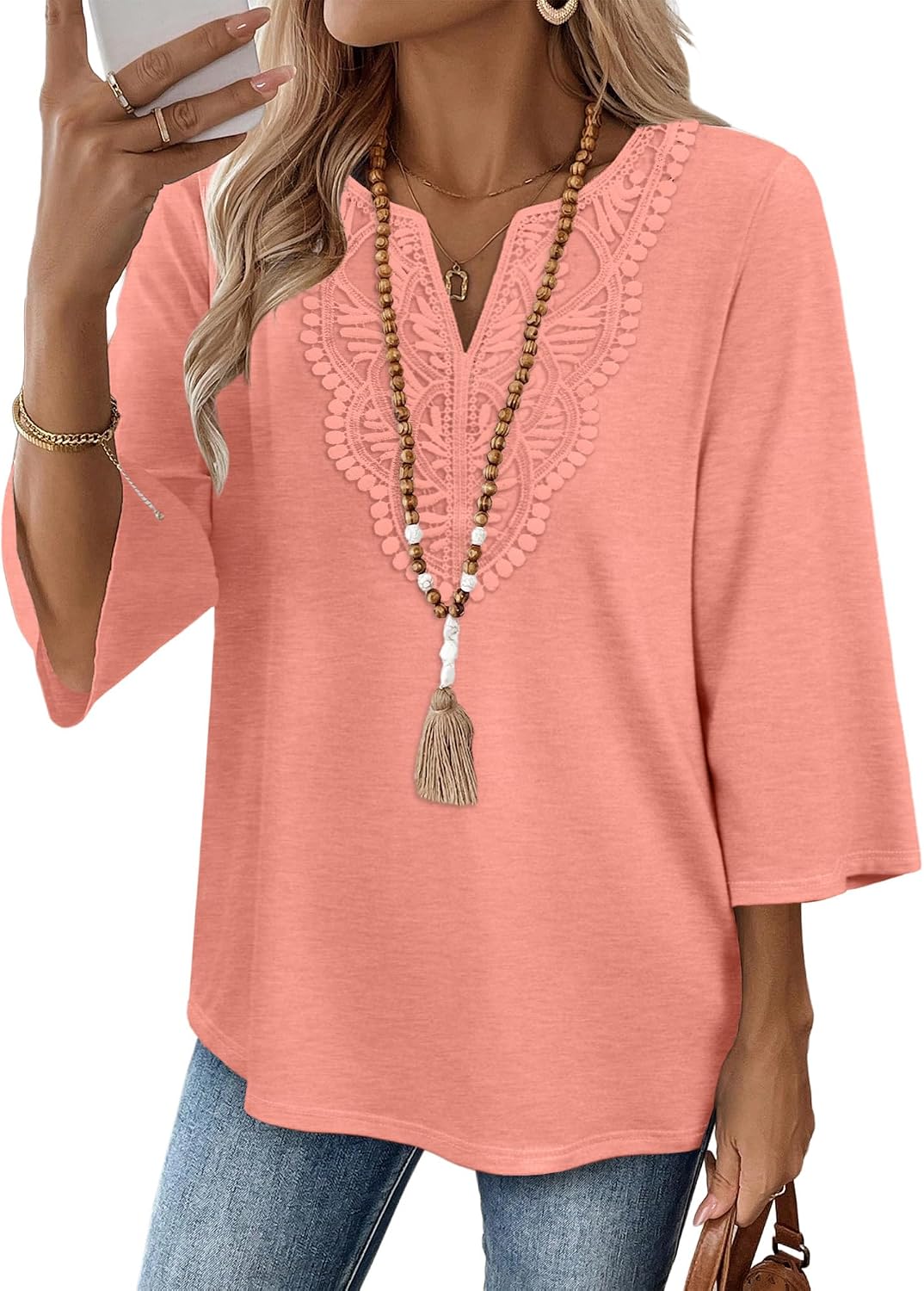 WIHOLL 3/4 Length Sleeve Womens Tops Boho V Neck Lace Shirt Trendy Blouses Dressy Casual Vacation Clothes S-3XL