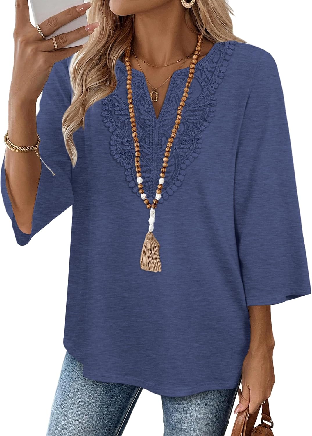 WIHOLL 3/4 Length Sleeve Womens Tops Boho V Neck Lace Shirt Trendy Blouses Dressy Casual Vacation Clothes S-3XL