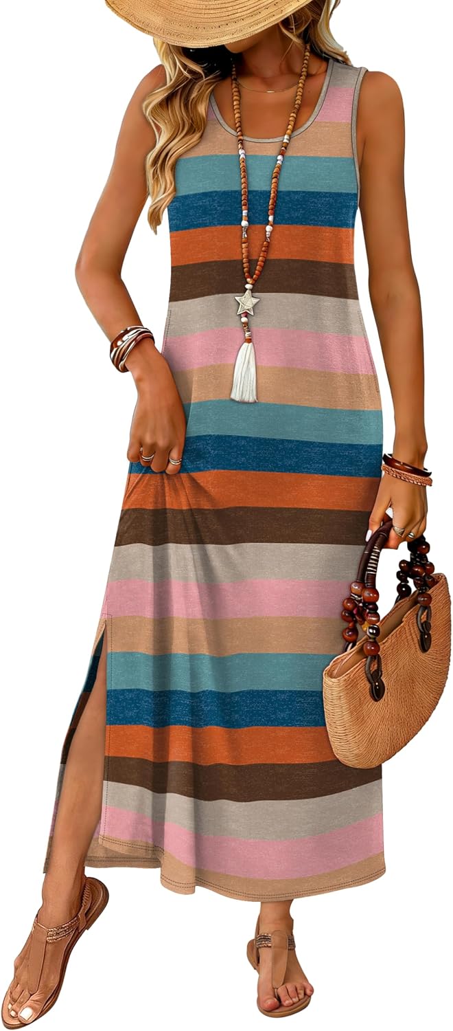 WIHOLL Maxi Dress Summer Dresses 2026 Beach Vacation Clothes Sleeveless Sundresses with Pockets Boho S-3XL