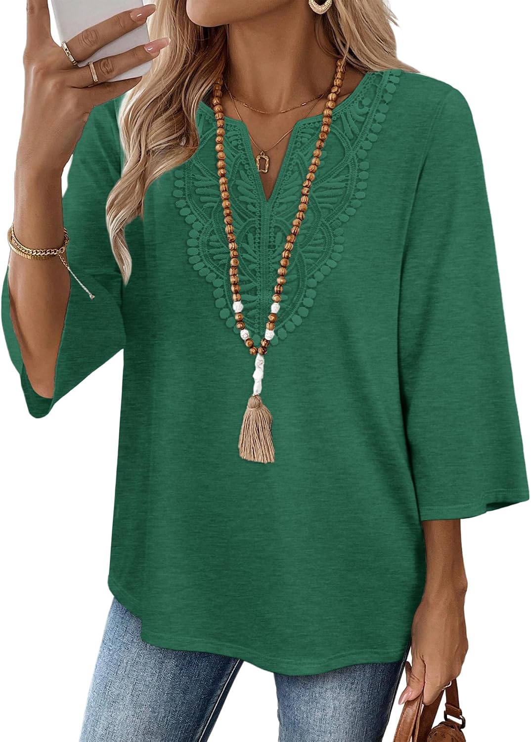 WIHOLL 3/4 Length Sleeve Womens Tops Boho V Neck Lace Shirt Trendy Blouses Dressy Casual Vacation Clothes S-3XL