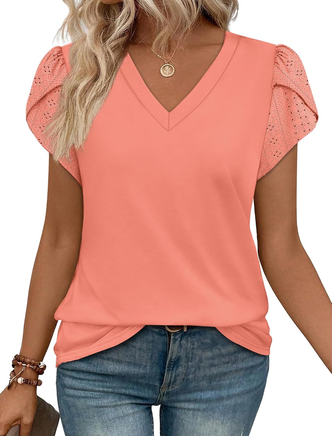WIHOLL Womens Tops Dressy Casual Petal Sleeve Summer Spring Short Sleeve V Neck Shirts Work Business Vacation Clothes 2026