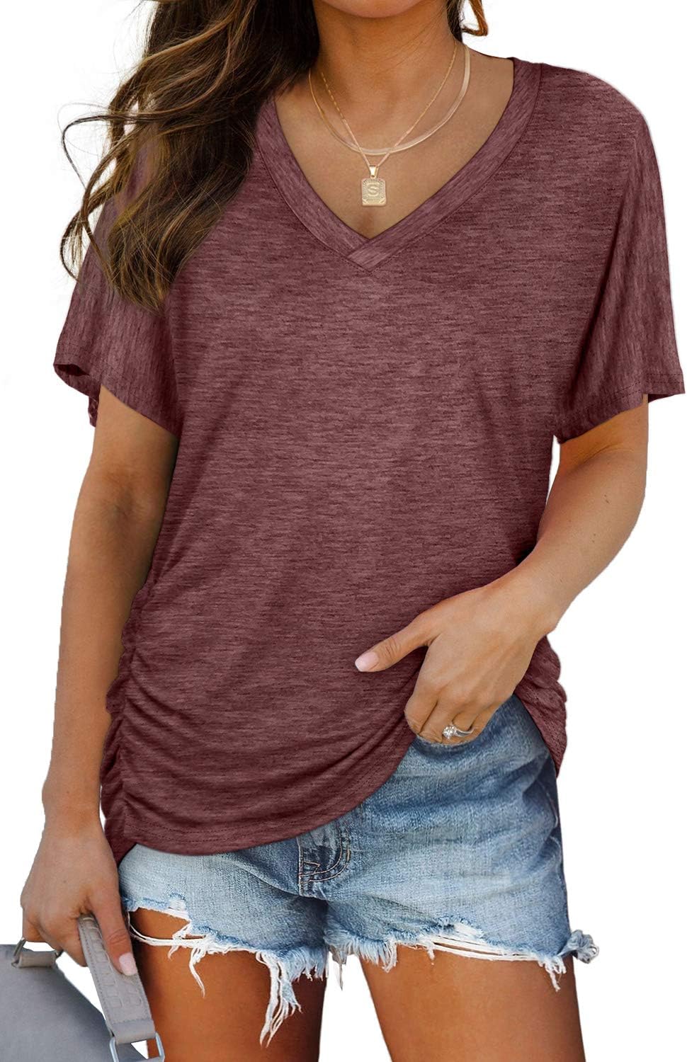 WIHOLL Womens Summer T-Shirts Short Sleeve V Neck Dolman Tops with Side Shirring Loose Fit Shirts Spring Fashion
