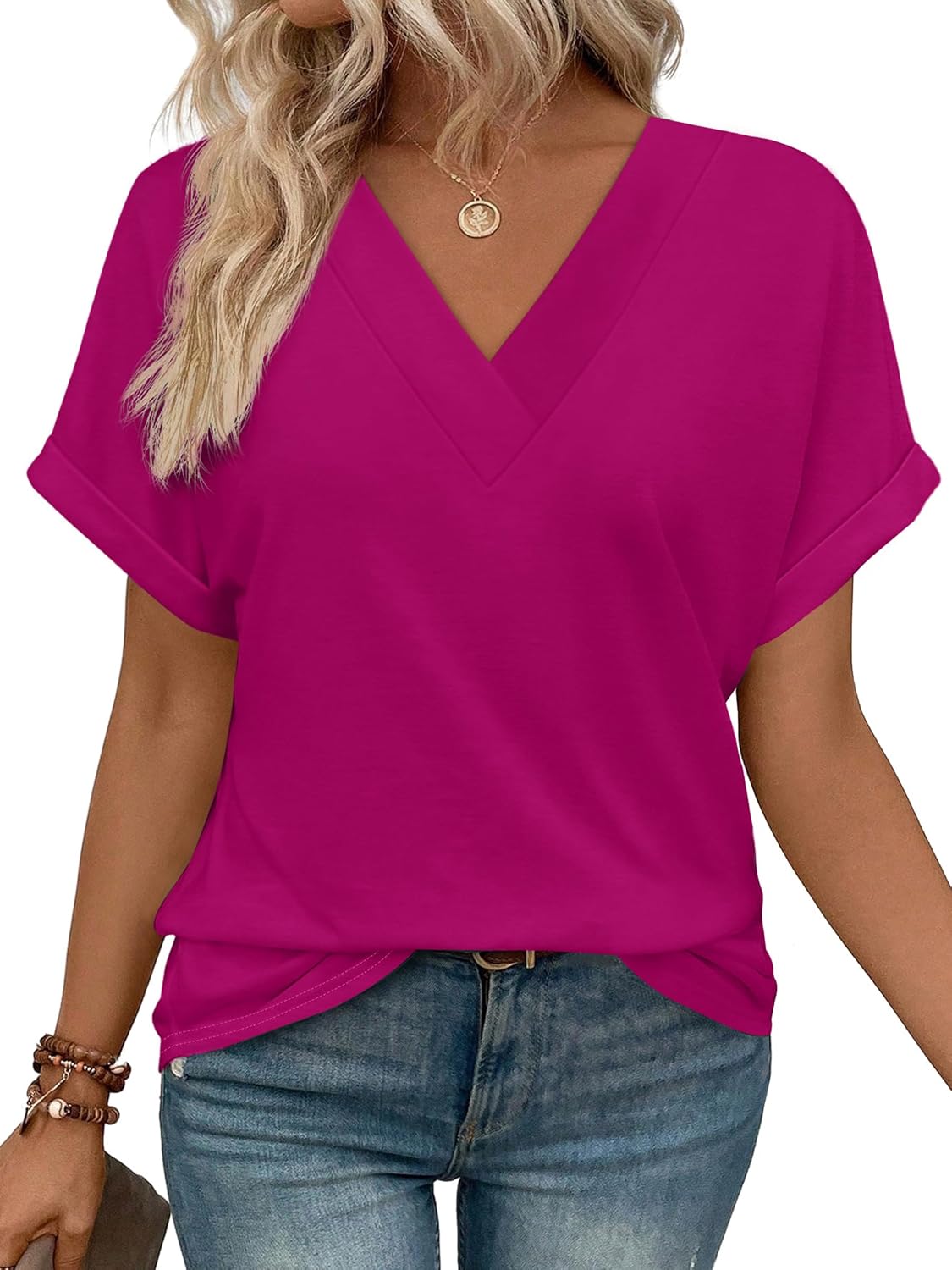 WIHOLL Womens Summer Tops Short Dolman Sleeve Shirts 2026 Fashion V Neck Outfits Clothes
