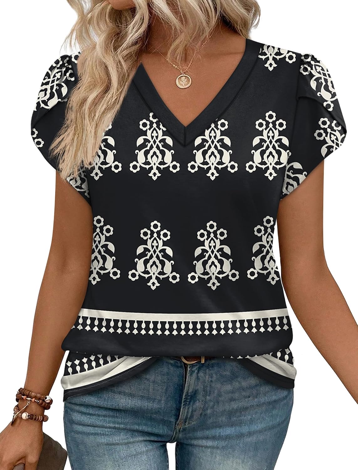 WIHOLL Womens Tops Dressy Casual Petal Sleeve Summer Spring Short Sleeve V Neck Shirts Work Business Vacation Clothes 2026