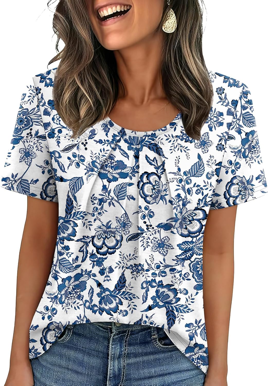 WIHOLL Women T Shirts Pleated Short Sleeve Tops Business Casual Blouses | Loose Fit, Dressy Casual, Trendy 2026, Flowy, Boho