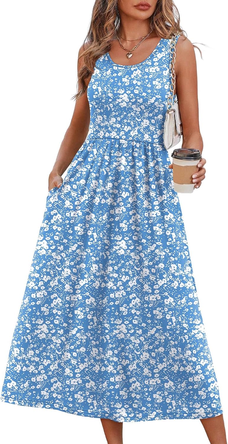 WIHOLL Summer Dresses for Women Flowy Casual Midi Dress Beach Vacation Sundresses with Pockets