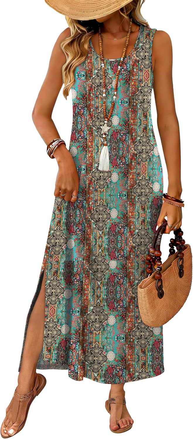 WIHOLL Maxi Dress Summer Dresses 2026 Beach Vacation Clothes Sleeveless Sundresses with Pockets Boho S-3XL
