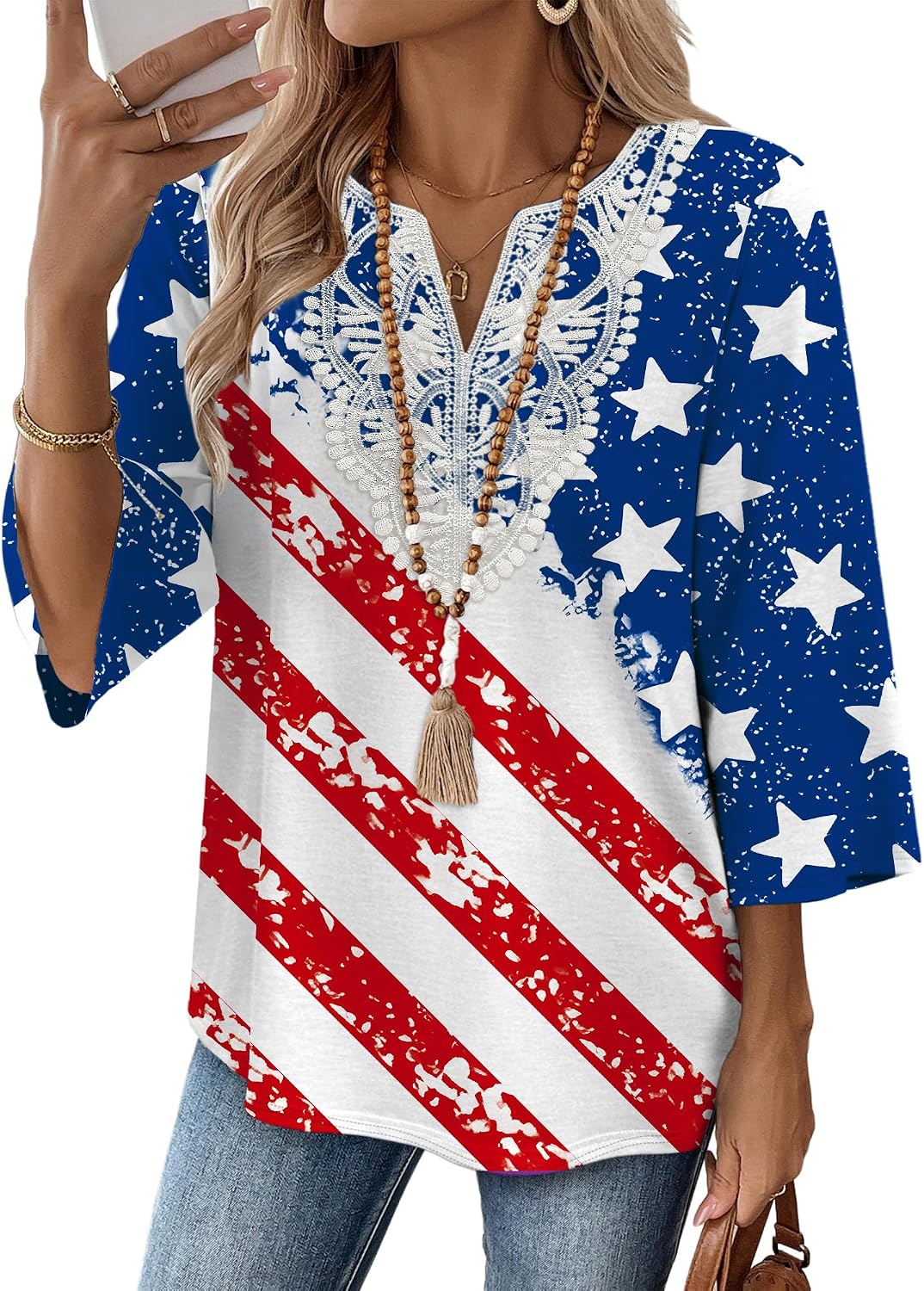 WIHOLL 3/4 Length Sleeve Womens Tops Boho V Neck Lace Shirt Trendy Blouses Dressy Casual Vacation Clothes S-3XL