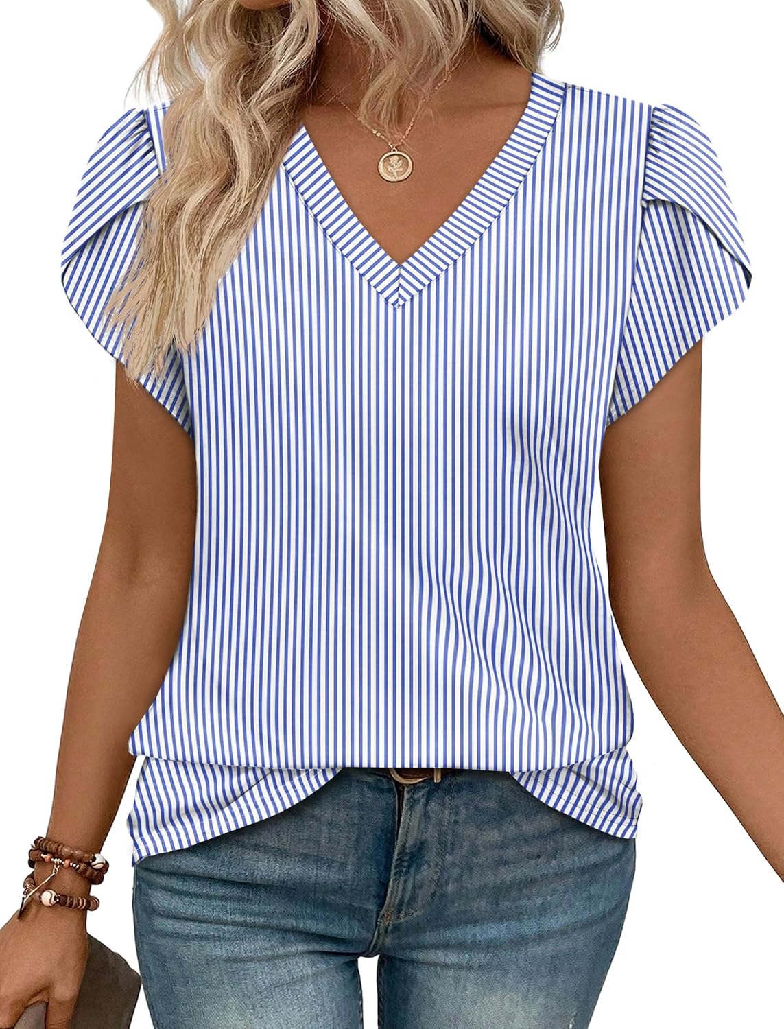 WIHOLL Womens Tops Dressy Casual Petal Sleeve Summer Spring Short Sleeve V Neck Shirts Work Business Vacation Clothes 2026