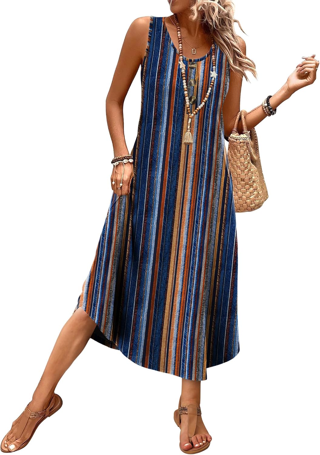 WIHOLL Summer Dresses for Women 2026 Button Front Sleeveless Casual Midi Dress Beach Vacation Sundresses with Pockets