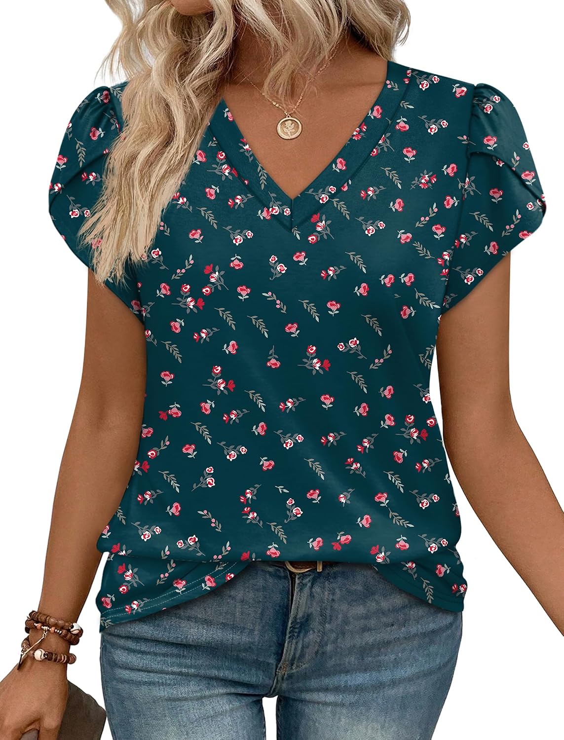 WIHOLL Womens Tops Dressy Casual Petal Sleeve Summer Spring Short Sleeve V Neck Shirts Work Business Vacation Clothes 2026
