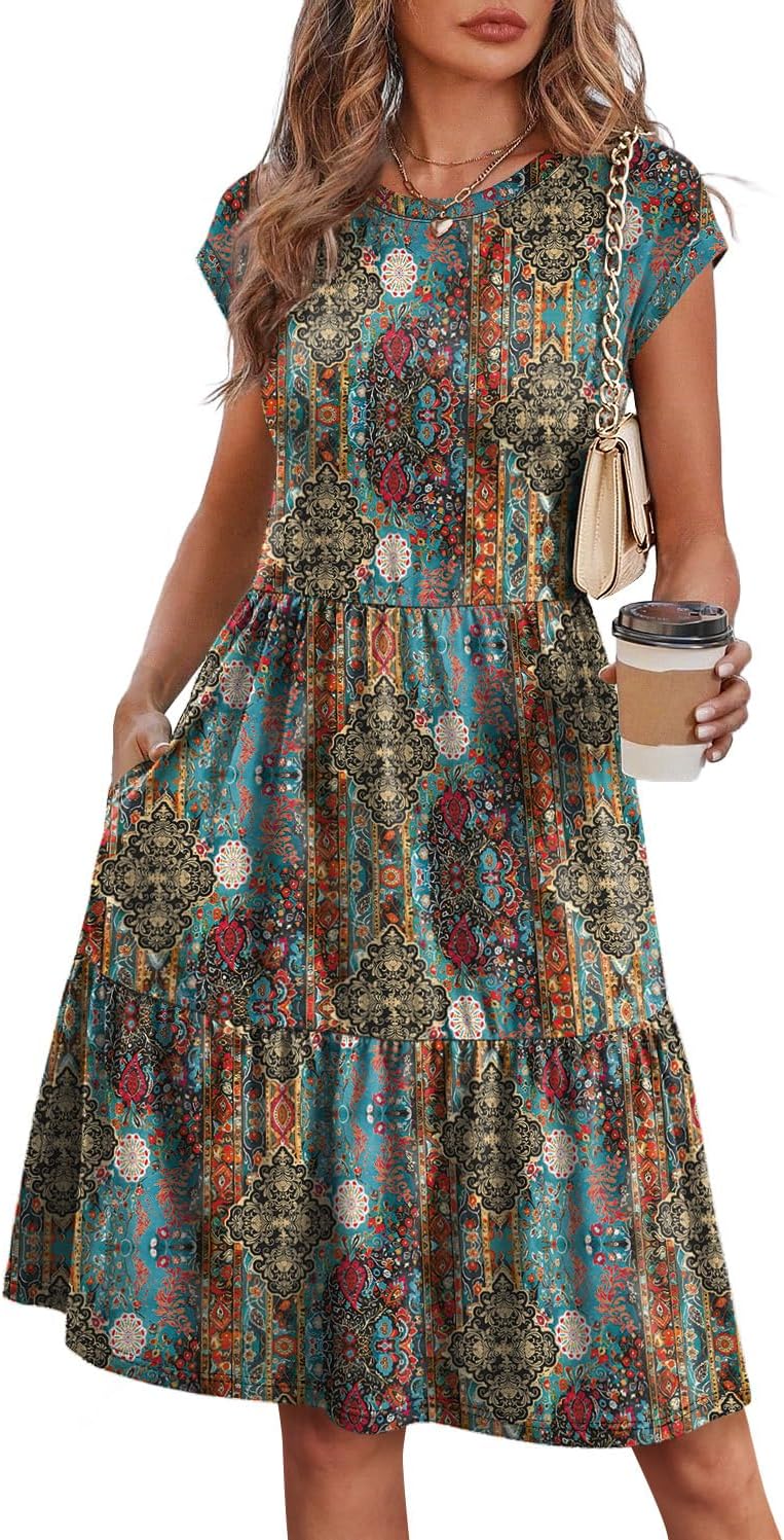 WIHOLL Summer Dresses for Women 2026 Cap Sleeve Casual Sundresses Floral Tiered Swing Fashion Beach Vacation Dress