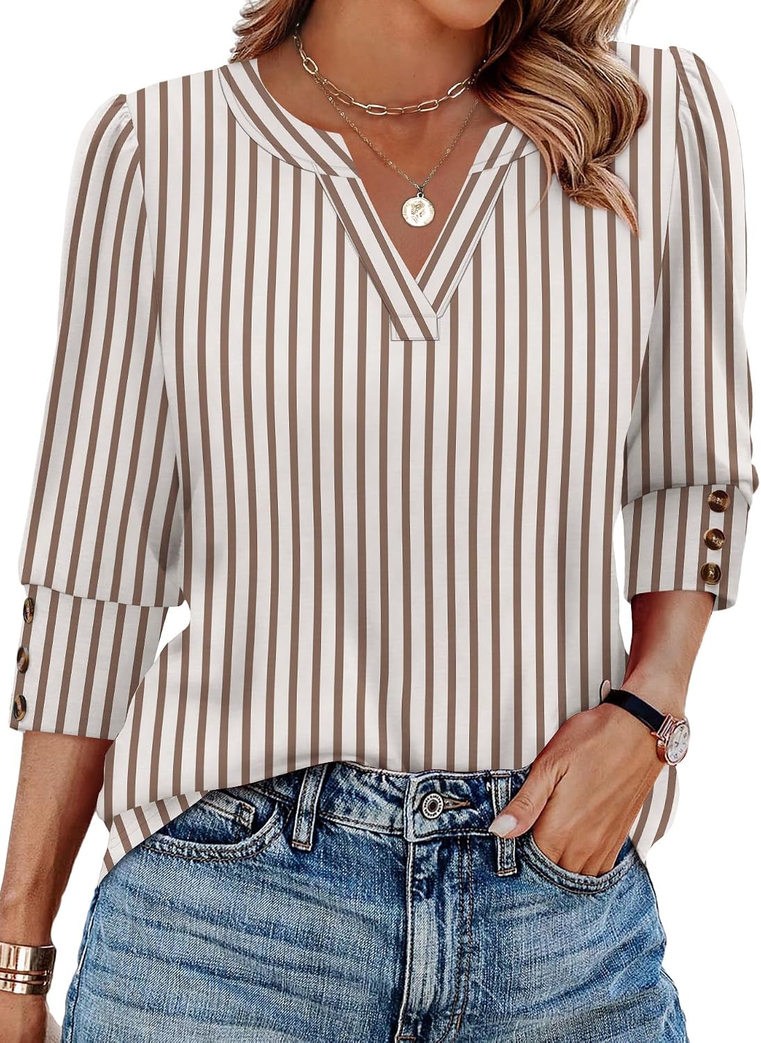 WIHOLL 3/4 Length Sleeve Womens Tops with Button Cuffs Dressy Casual V Neck Summer Outfits Early Fall Fashion Spring Clothes