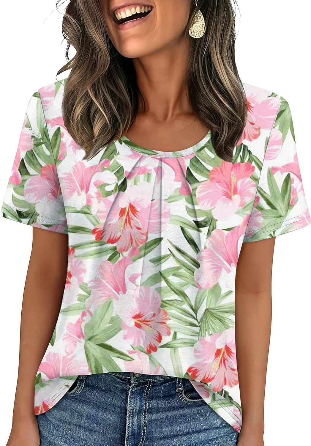 WIHOLL Women T Shirts Pleated Short Sleeve Tops Business Casual Blouses | Loose Fit, Dressy Casual, Trendy 2026, Flowy, Boho