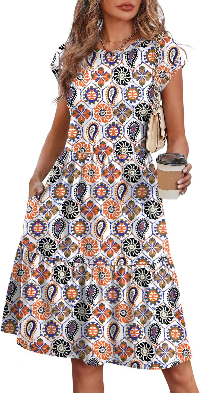 WIHOLL Summer Dresses for Women 2026 Cap Sleeve Casual Sundresses Floral Tiered Swing Fashion Beach Vacation Dress