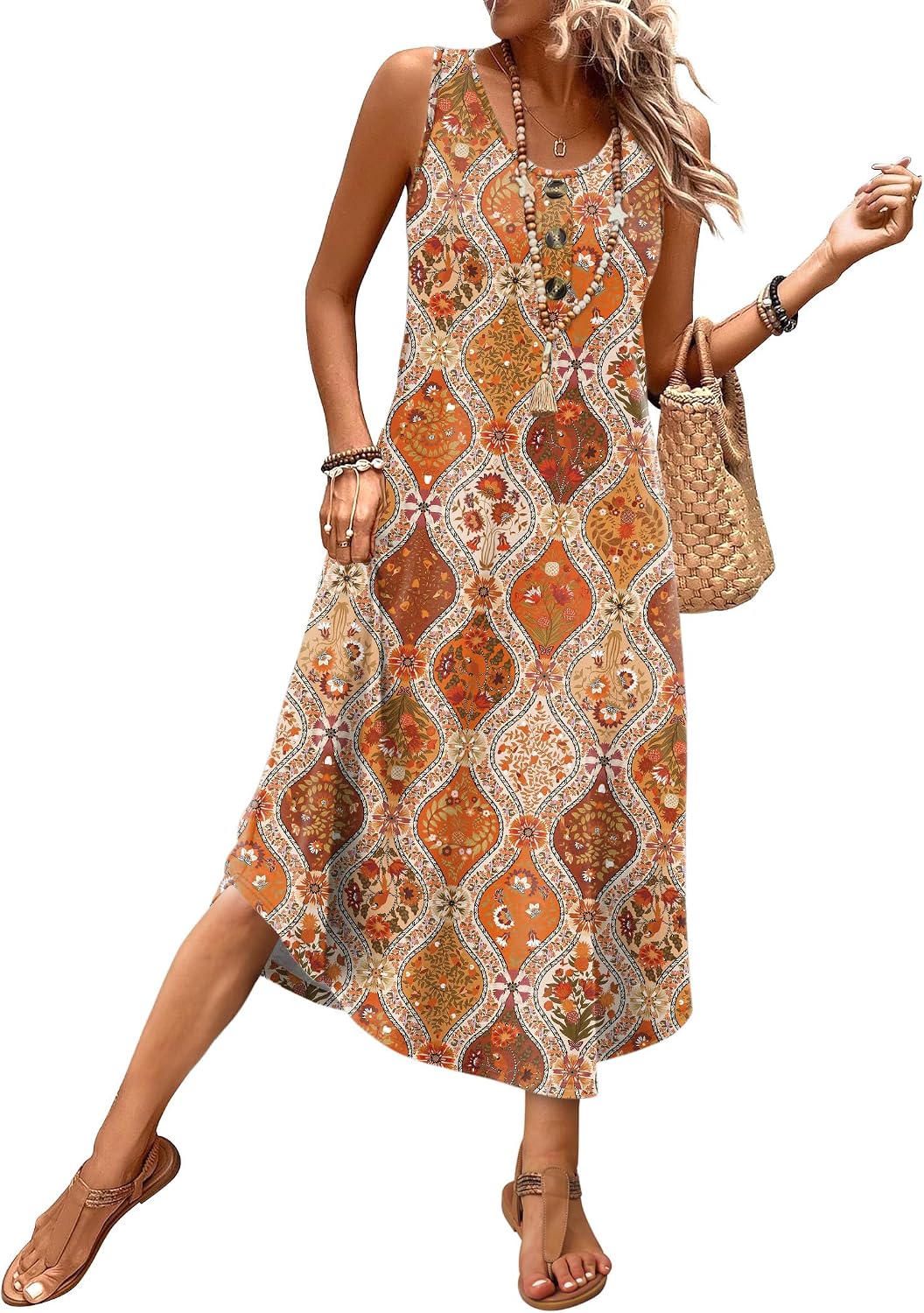 WIHOLL Summer Dresses for Women 2026 Button Front Sleeveless Casual Midi Dress Beach Vacation Sundresses with Pockets