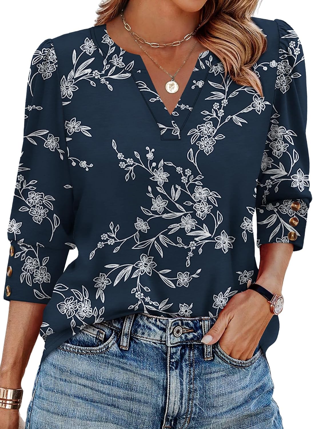 WIHOLL 3/4 Length Sleeve Womens Tops with Button Cuffs Dressy Casual V Neck Summer Outfits Early Fall Fashion Spring Clothes