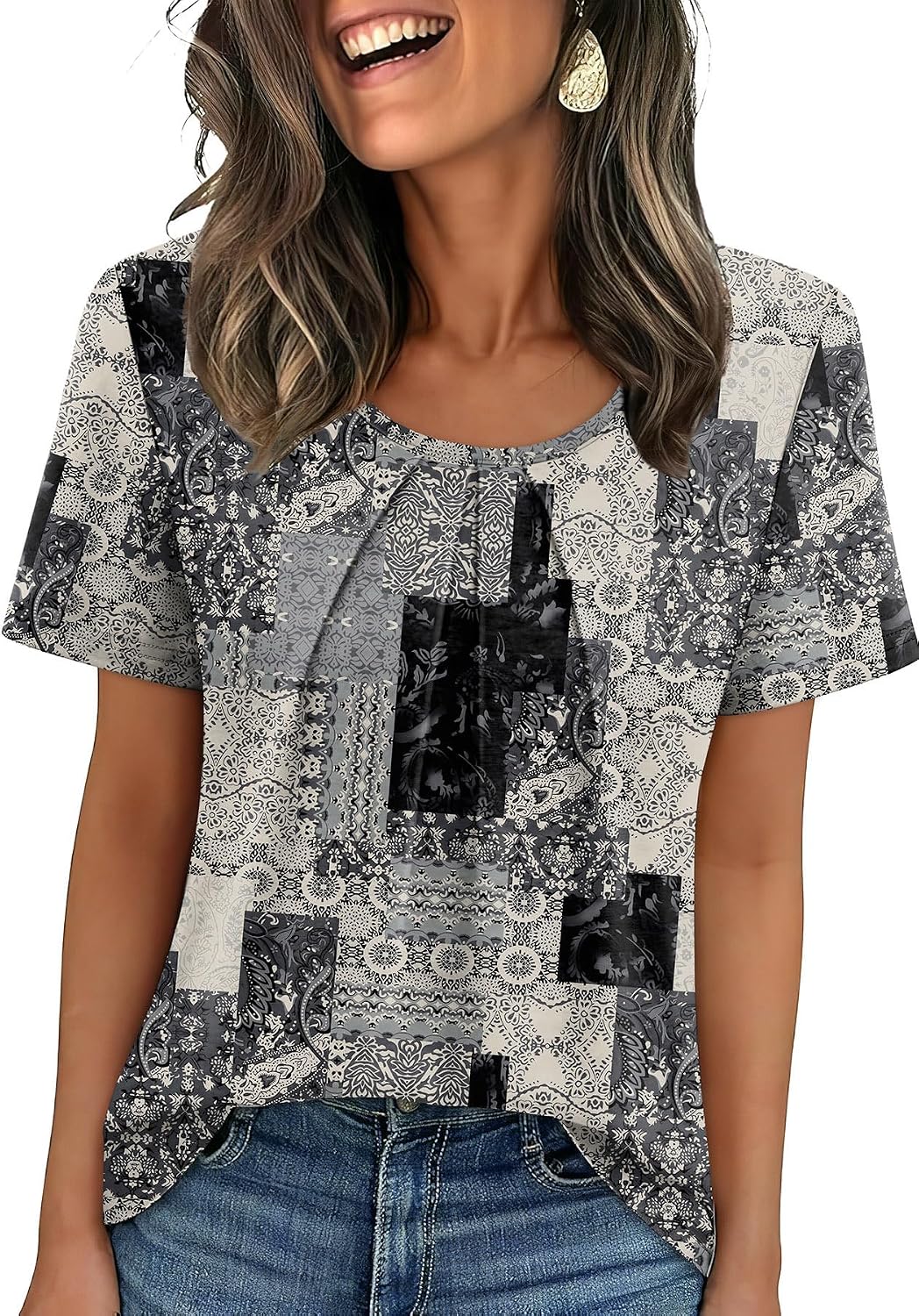 WIHOLL Women T Shirts Pleated Short Sleeve Tops Business Casual Blouses | Loose Fit, Dressy Casual, Trendy 2026, Flowy, Boho