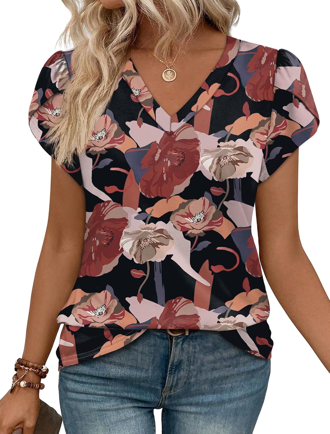 WIHOLL Womens Tops Dressy Casual Petal Sleeve Summer Spring Short Sleeve V Neck Shirts Work Business Vacation Clothes 2026