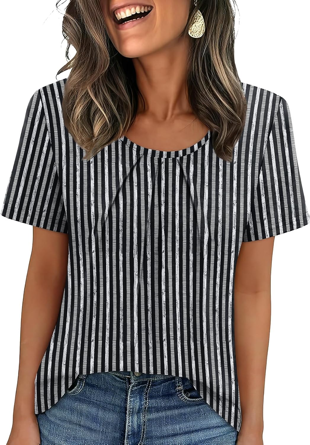 WIHOLL Women T Shirts Pleated Short Sleeve Tops Business Casual Blouses | Loose Fit, Dressy Casual, Trendy 2026, Flowy, Boho