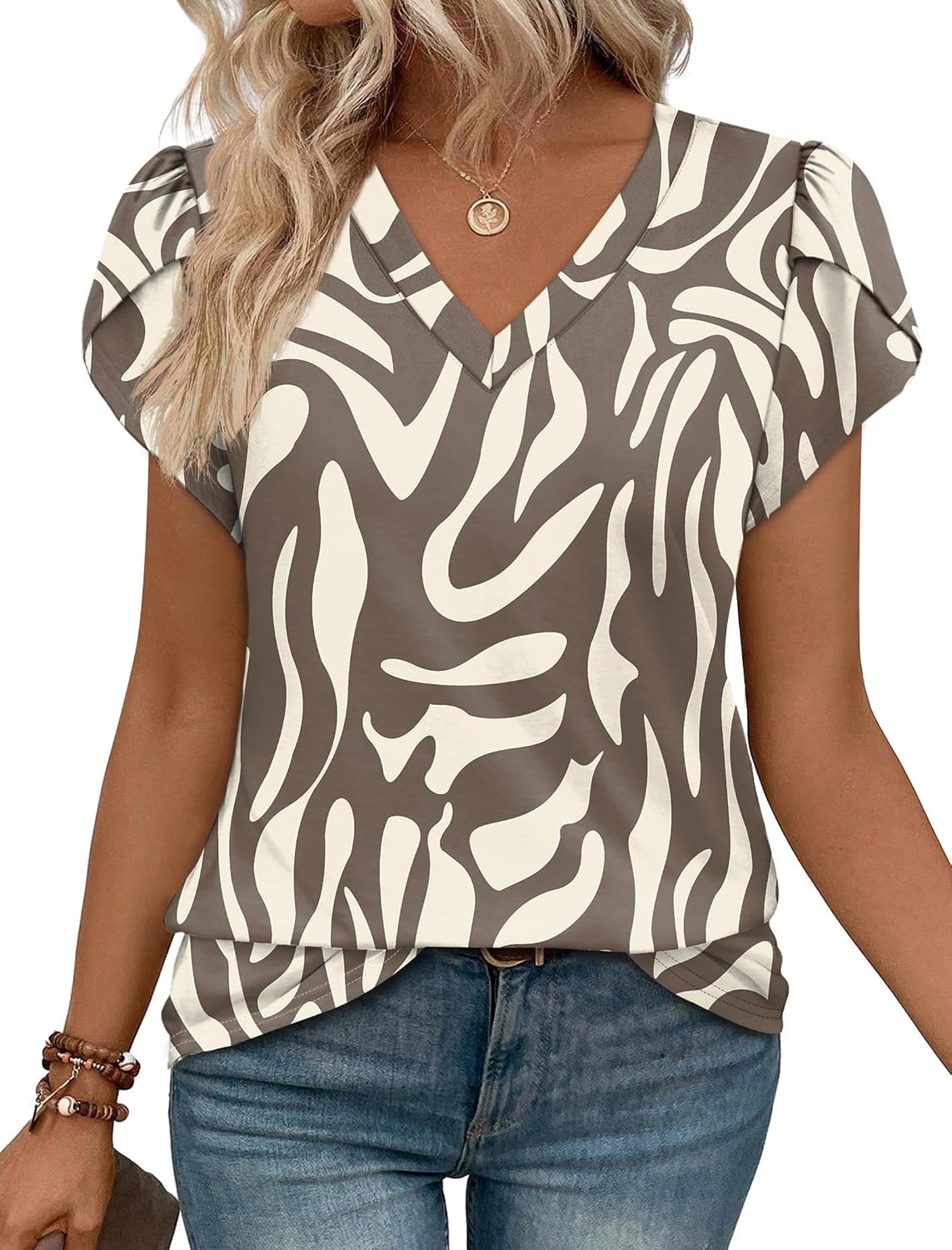 WIHOLL Womens Tops Dressy Casual Petal Sleeve Summer Spring Short Sleeve V Neck Shirts Work Business Vacation Clothes 2026