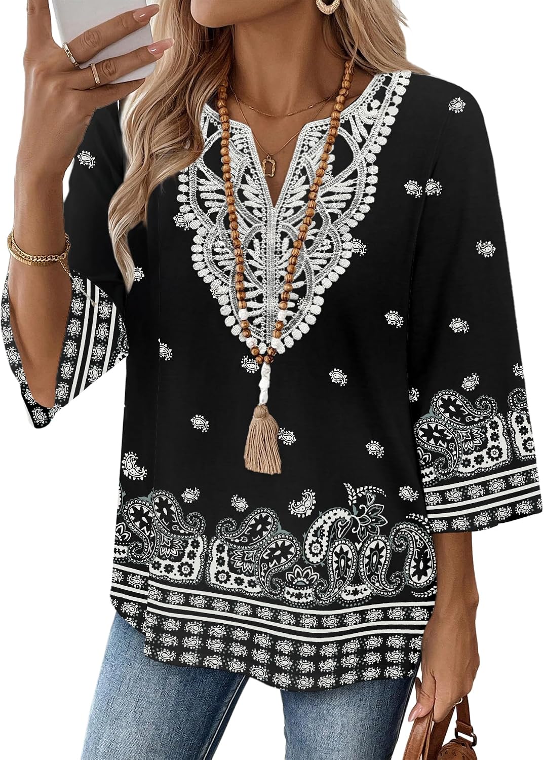 WIHOLL 3/4 Length Sleeve Womens Tops Boho V Neck Lace Shirt Trendy Blouses Dressy Casual Vacation Clothes S-3XL