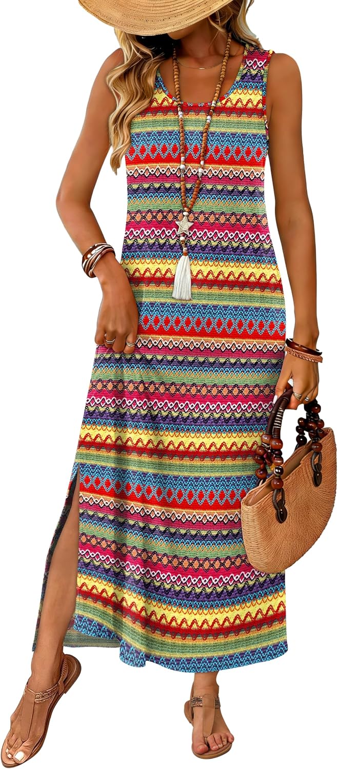 WIHOLL Maxi Dress Summer Dresses 2026 Beach Vacation Clothes Sleeveless Sundresses with Pockets Boho S-3XL