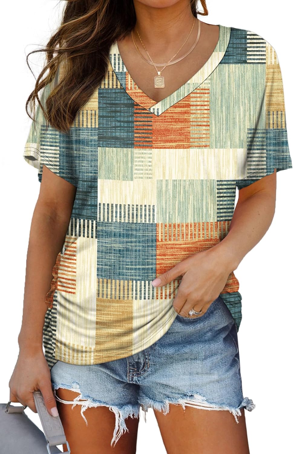WIHOLL Womens Summer T-Shirts Short Sleeve V Neck Dolman Tops with Side Shirring Loose Fit Shirts Spring Fashion