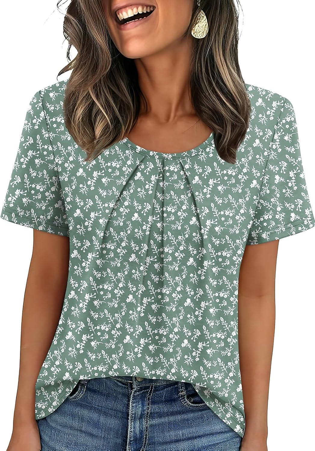 WIHOLL Women T Shirts Pleated Short Sleeve Tops Business Casual Blouses | Loose Fit, Dressy Casual, Trendy 2026, Flowy, Boho