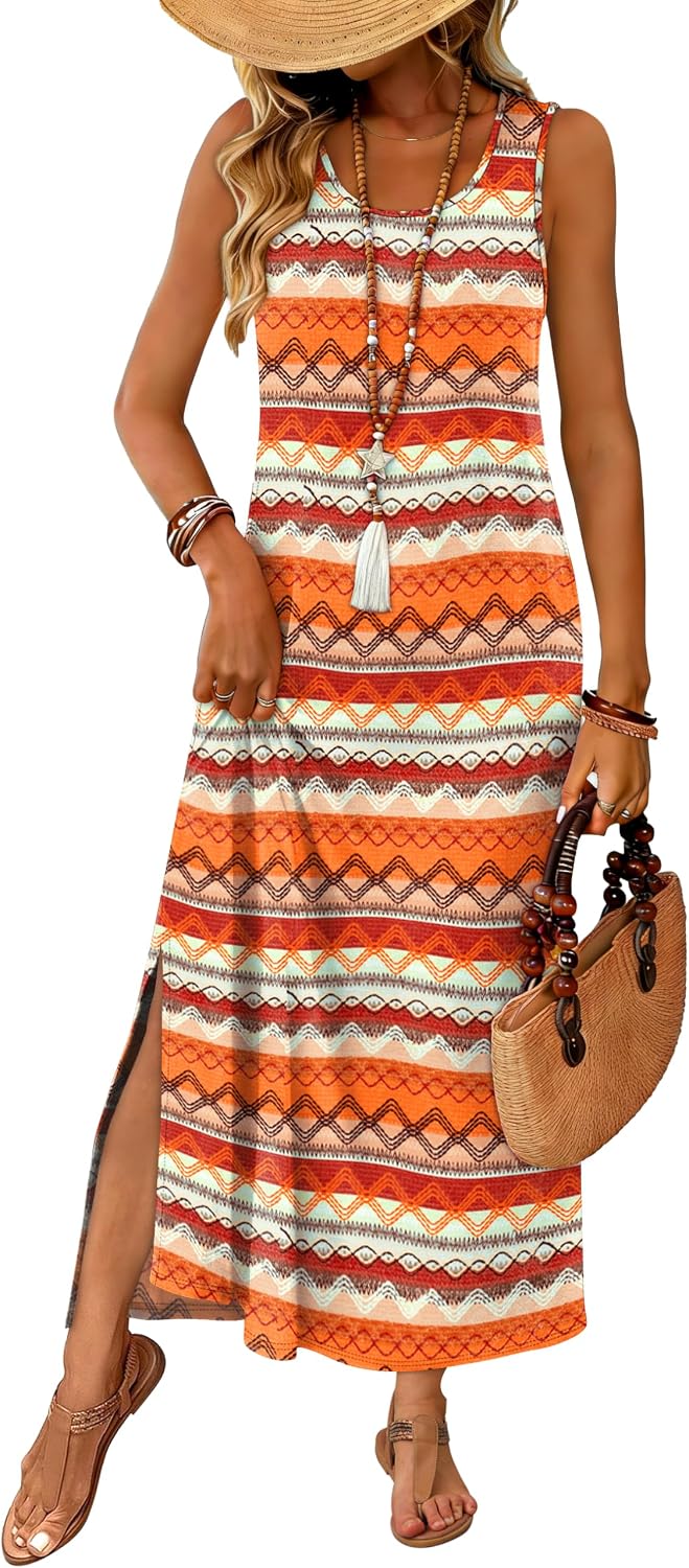 WIHOLL Maxi Dress Summer Dresses 2026 Beach Vacation Clothes Sleeveless Sundresses with Pockets Boho S-3XL