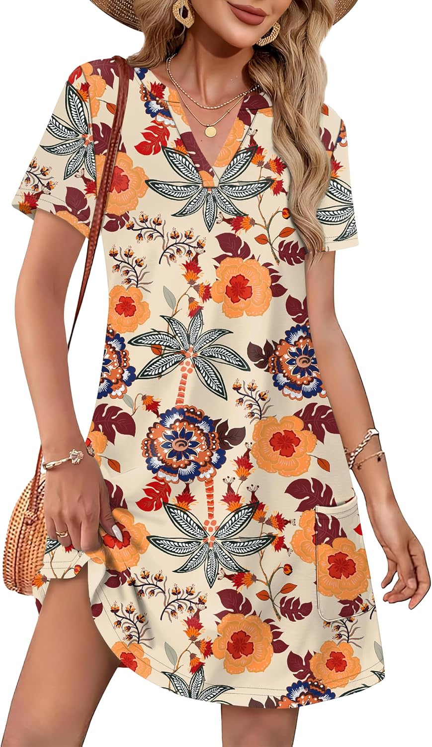 WIHOLL Summer Dresses for Women Casual V Neck Wedding Guest Dress Hawaiian Midi Dress Fashion Beach Vacation Clothes