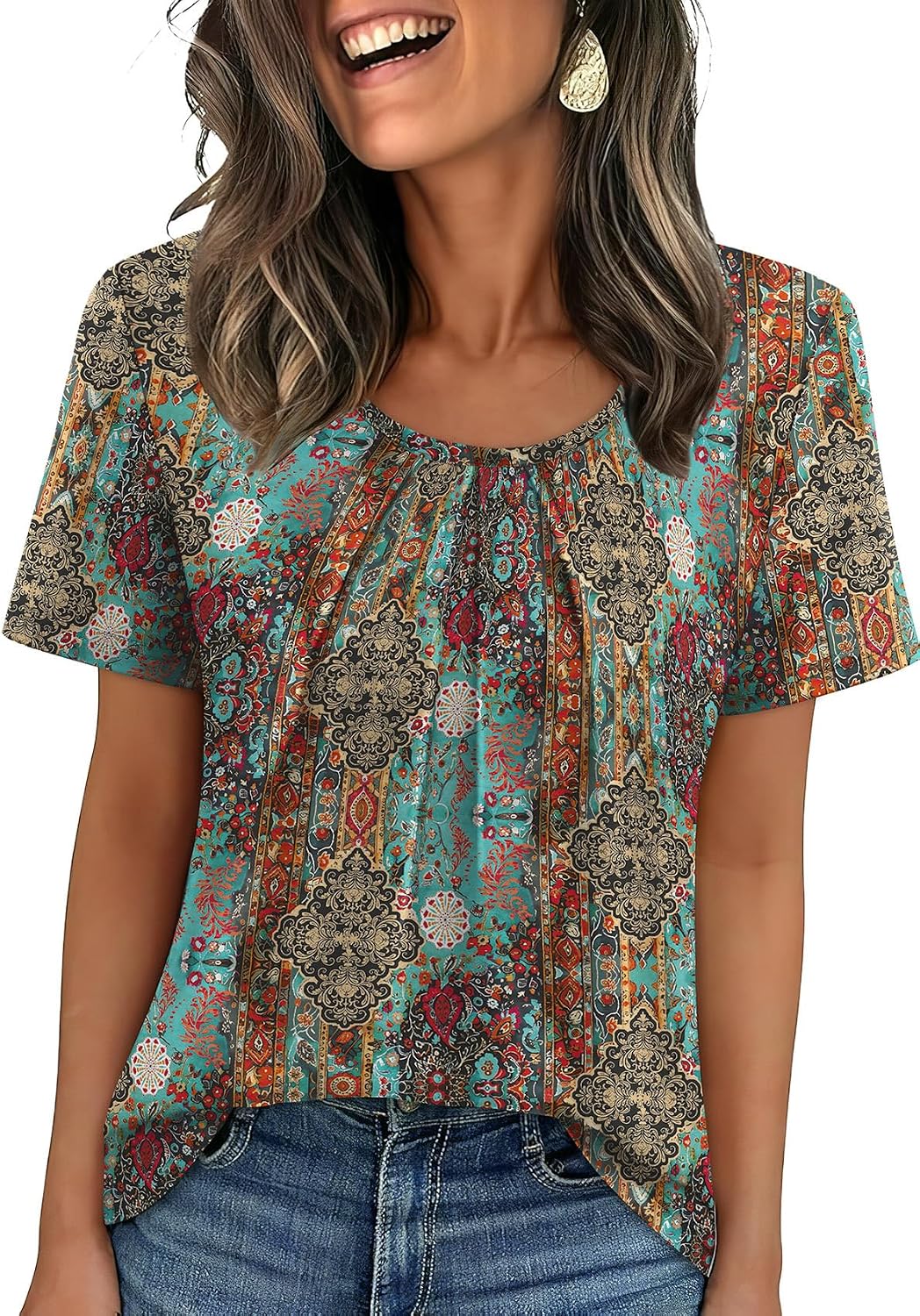 WIHOLL Women T Shirts Pleated Short Sleeve Tops Business Casual Blouses | Loose Fit, Dressy Casual, Trendy 2026, Flowy, Boho