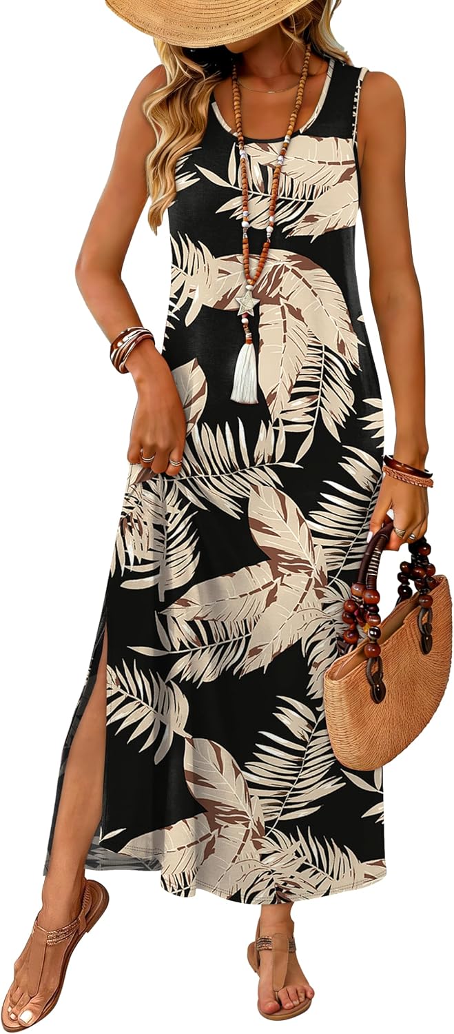 WIHOLL Maxi Dress Summer Dresses 2026 Beach Vacation Clothes Sleeveless Sundresses with Pockets Boho S-3XL