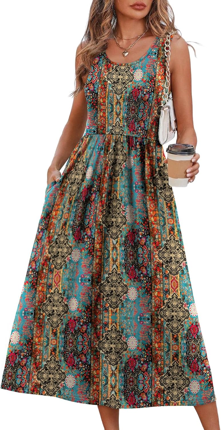 WIHOLL Summer Dresses for Women Flowy Casual Midi Dress Beach Vacation Sundresses with Pockets