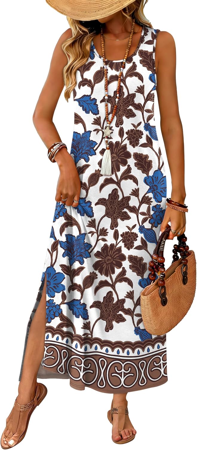 WIHOLL Maxi Dress Summer Dresses 2026 Beach Vacation Clothes Sleeveless Sundresses with Pockets Boho S-3XL