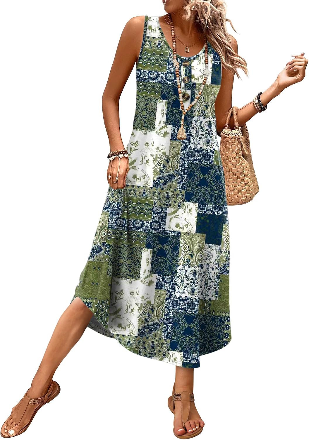 WIHOLL Summer Dresses for Women 2026 Button Front Sleeveless Casual Midi Dress Beach Vacation Sundresses with Pockets