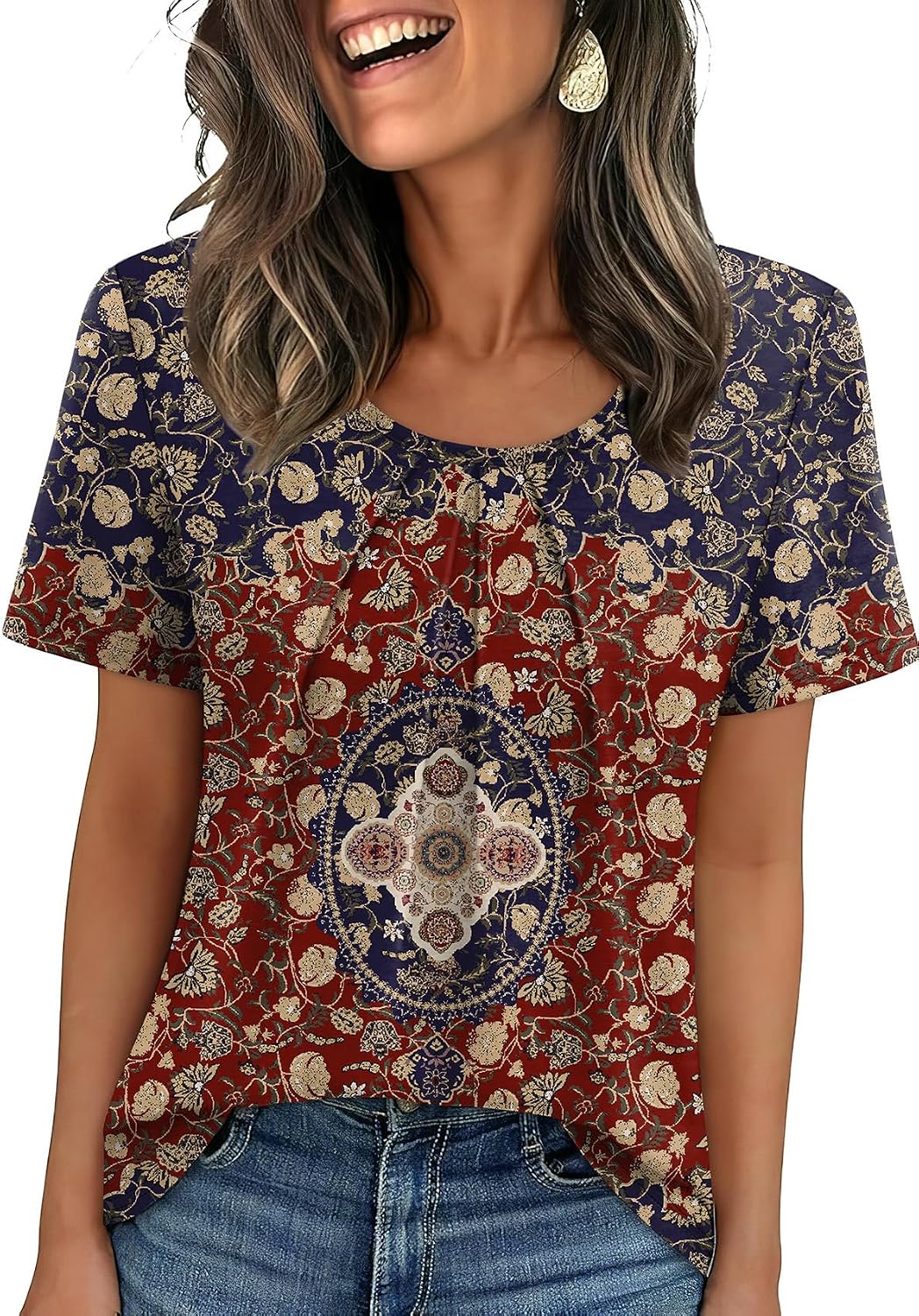 WIHOLL Women T Shirts Pleated Short Sleeve Tops Business Casual Blouses | Loose Fit, Dressy Casual, Trendy 2026, Flowy, Boho